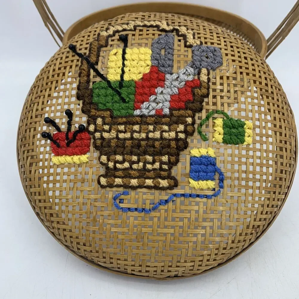 Vtg Rattan Sewing Basket Crochet Handmade‎ Boho Farmhouse Unique Cottagecore